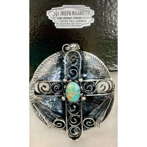 Large 81g Sterling Cross Pendant W/ Turquoise Crafted By Joe Massaniello 1960’s